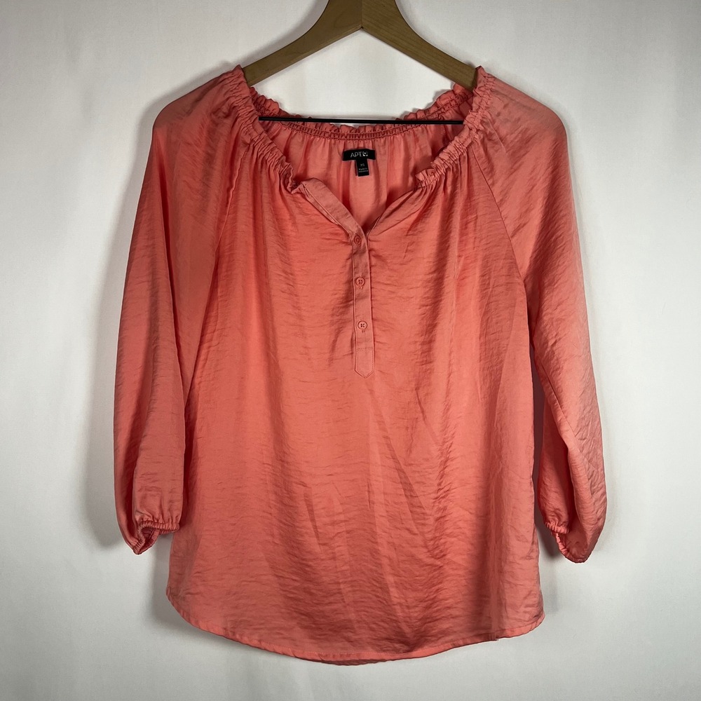Apt. 9 Shirt Women XS Peach Pink Smocked Button V-Neck 3/4 Sleeve Peasant Blouse